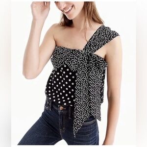 NEW J.Crew Silk Blend Black White Polka Dot Print One Shoulder Bow Detail Top